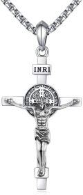 wholesale 925 Sterling Silver Crucifix Cross with St Benedict Medal Pendant Necklace for Men Women Catholic  48cm Chain Length-0-0