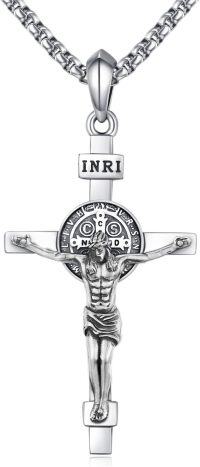 wholesale 925 Sterling Silver Crucifix Cross with St Benedict Medal Pendant Necklace for Men Women Catholic  48cm Chain Length-12a-St Benedict-Crucifix Cross-12a-St Benedict-Crucifix Cross