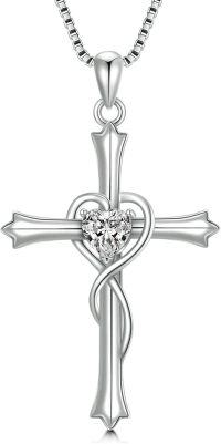 wholesale 925 Sterling Silver 925 Heart-Shaped Pendant with Cubic Zirconia-Cut Design and Chain - Elegant  for Her-1-Silver Cross with Heart Diamond