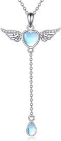 wholesale 925 Sterling Silver Blue Moonstone Heart & Wing Pendant Necklace for Women-0-0