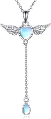 wholesale 925 Sterling Silver Blue Moonstone Heart & Wing Pendant Necklace for Women-Wings