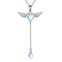 wholesale 925 Sterling Silver Blue Moonstone Heart & Wing Pendant Necklace for Women-Wings