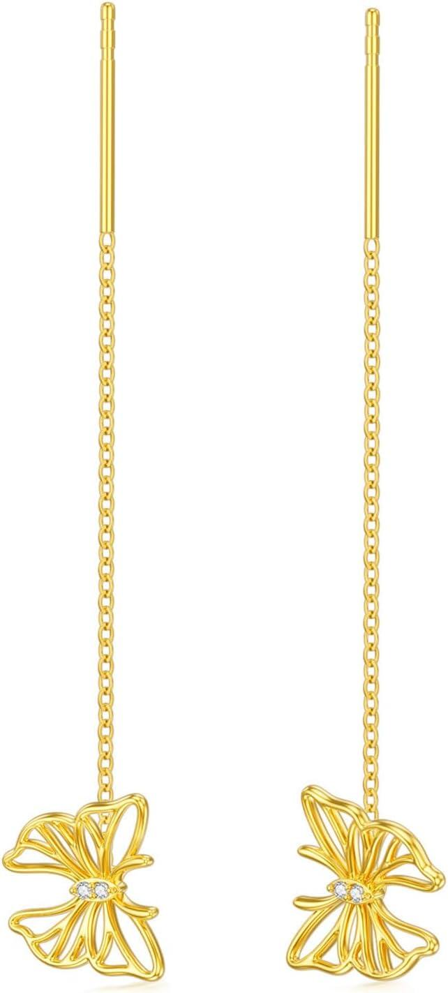14K Gold Threader Earrings for Women Minimalist Butterfly Chain Pull Through Earrings-0-0