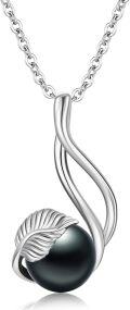 wholesale 925 Sterling Silver Black Pearl Pendant Necklace with Infinity Leaf Design and 10mm Round Pearl on an Adjustable Length Chain - Perfect for Valentines Day or Mothers Day Gifts-0-0
