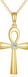 wholesale Gold 14K Yellow Gold Ankh Cross with Cubic Zirconia Pendant Necklace for Women -0-0
