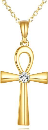 wholesale Gold 14K Yellow Gold Ankh Cross with Cubic Zirconia Pendant Necklace for Women -Ankh Cross