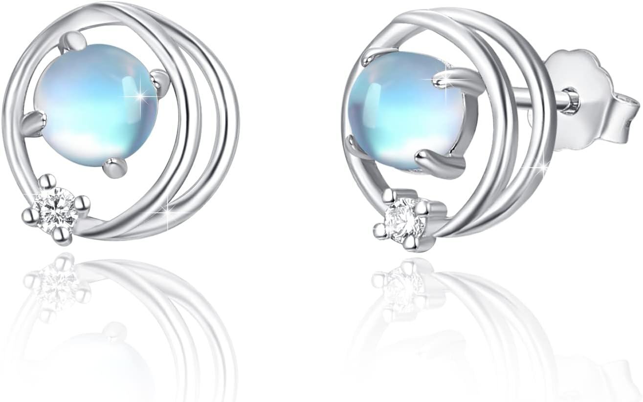 Sterling Silver Moonstone Birthstone Opal Star Planet Panda Whale Heart Earrings for Women -Planet Stud Earrings