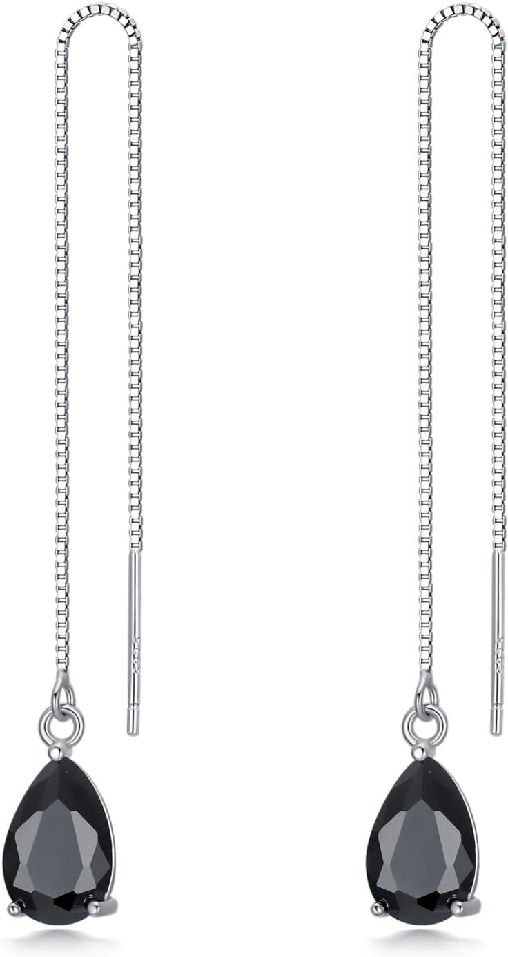 Sterling Silver Birthstone Crystal 11 8mm Threader Drop Long Chain Earrings-Black