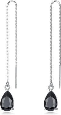 wholesale 925 Sterling Silver Birthstone Crystal 11 8mm Threader Drop Long Chain Earrings-Black