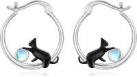 wholesale 925 Sterling Silver Black Cat Moonstone Hypoallergenic Hoop Earrings for Women-Cat Moonstone-Black