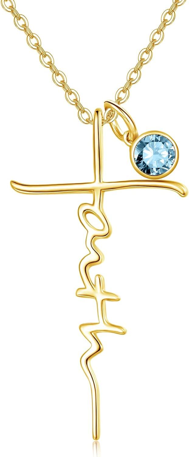 Sterling Silver Birthstone Faith Cross Pendant Necklace for Women-Gold-Aquamarine-Gold-Aquamarine