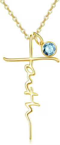 wholesale Sterling Silver Birthstone Faith Cross Pendant Necklace for Women-Gold-Aquamarine-Gold-Aquamarine