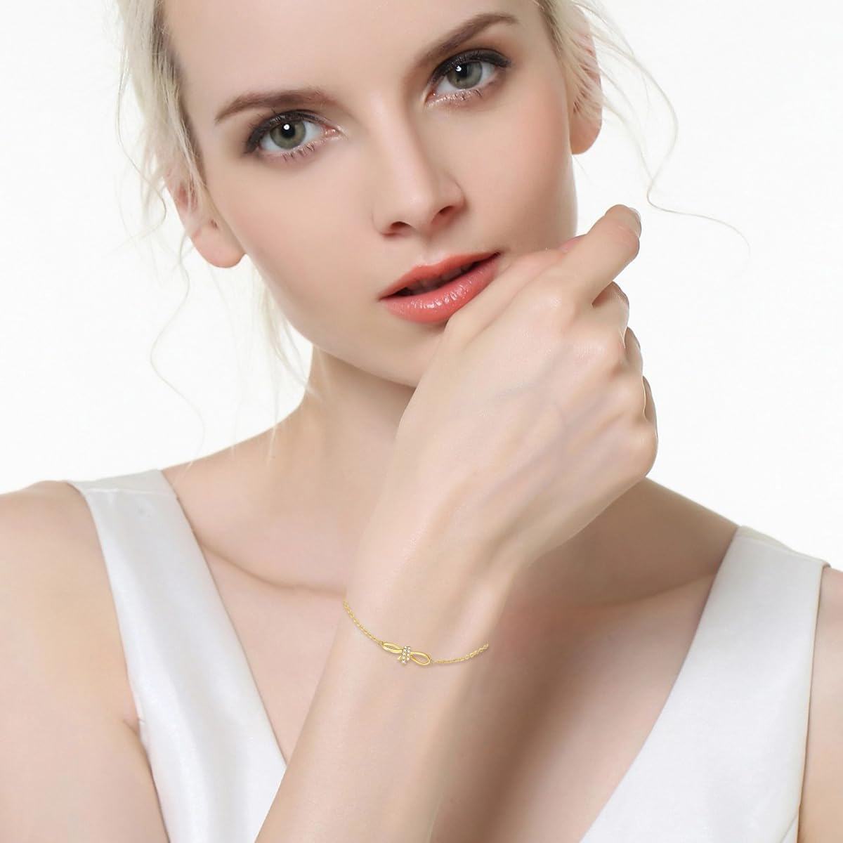 14K Gold Diamond Bow Infinity Bracelet for Women 6 8 8 4 Inch-0-3