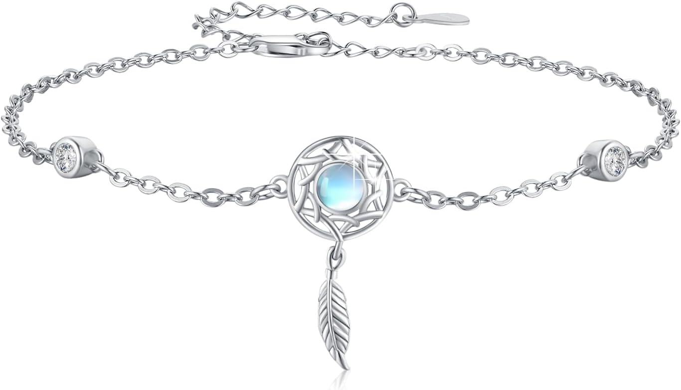 Sterling Silver Boho Stone Dream Catcher Bracelet for Women Adjustable 7+2in-Silver-Moonstone