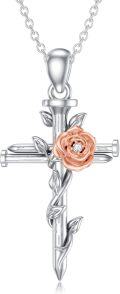 wholesale Sterling Silver & Lab-Grown Diamond Rose Cross Necklace for Women, 0.025ct, 18 Chain w/ Extender, Gift Box-0-0