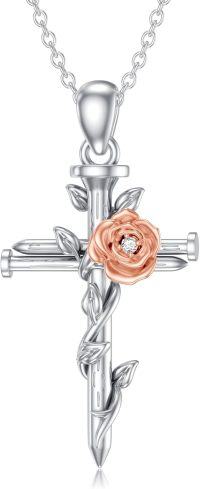 wholesale Sterling Silver & Lab-Grown Diamond Rose Cross Necklace for Women, 0.025ct, 18 Chain w/ Extender, Gift Box-rose cross-style 2