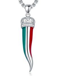 wholesale 925 Sterling Silver Italy Crowned Horn Necklace w/Africa Map & PR Flag Pendant s for Him Her-Italian Horn