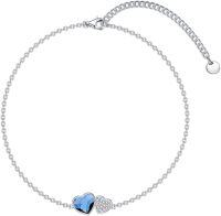 wholesale 925 Sterling Silver Blue Heart Crystal Ankle Anklet with Chain and Clasp - Adjustable Size for Women Girls-Heart