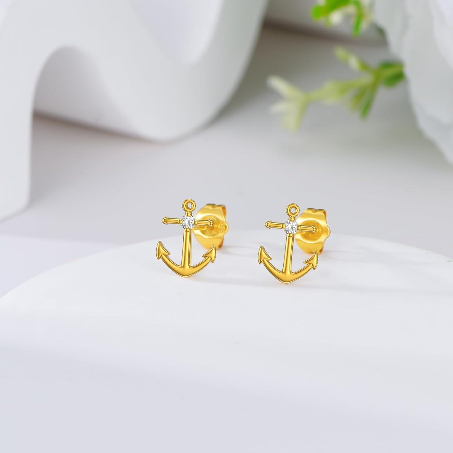 wholesale 14K Gold Anchor Stud Earrings with Cubic Zirconia for Women Gift Set-0-3