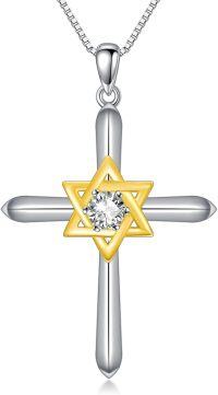 wholesale Gold-Plated 925 Sterling Silver Star of David Pendant Necklace with Cubic Zirconia for Women-2-Star of David Cross Necklace