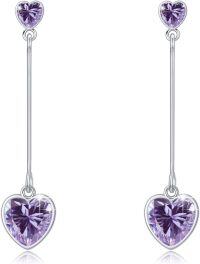 wholesale 925 Sterling Silver Moonstone Turquoise Cubic Zirconia Birthstone Heart Drop Dangle Earrings-February Purple