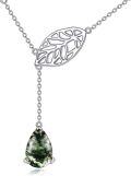 wholesale Rhodium-Plated Nickel-Free 925 Sterling Silver Moss Agate Leaf Necklace, Adjustable 18+2 Chain, Hypoallergenic, Nature-Inspired Gift for Her-0-0