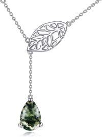 wholesale Rhodium-Plated Nickel-Free 925 Sterling Silver Moss Agate Leaf Necklace, Adjustable 18+2 Chain, Hypoallergenic, Nature-Inspired Gift for Her-Moss Agate