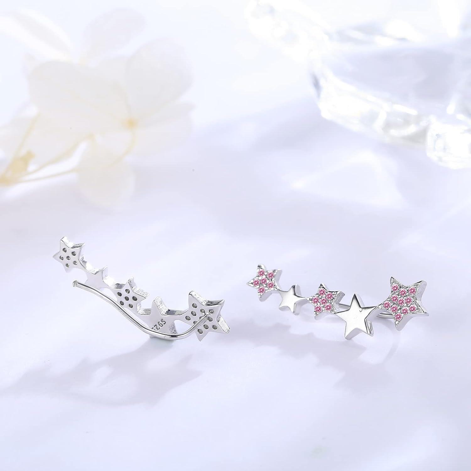 925 Sterling Silver Pink CZ Star Climber Ear Cuffs-0-6