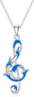 wholesale 925 Sterling Silver Blue Opal Treble Clef Musical Notes Pendant Necklace for Women-0-0