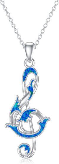wholesale 925 Sterling Silver Blue Opal Treble Clef Musical Notes Pendant Necklace for Women-Music Note Wave