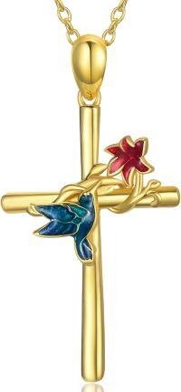 wholesale 14K Gold Faith Cross Pendant Necklace for Women - Baptism Gift for Mom or Wife-Hummingbird Cross