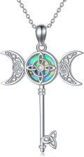wholesale 925 Sterling Silver Key Pendant with Triquetra and Opal Stone - Triple Moon Goddess Necklace for Women-0-0