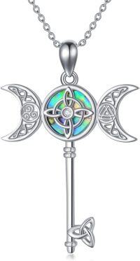 wholesale 925 Sterling Silver Key Pendant with Triquetra and Opal Stone - Triple Moon Goddess Necklace for Women-Triple Moon&Witch Key