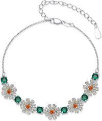 wholesale 925 Sterling Silver Green & Orange Zircon Daisy Flower Bracelet for April Birthday Gift-style2