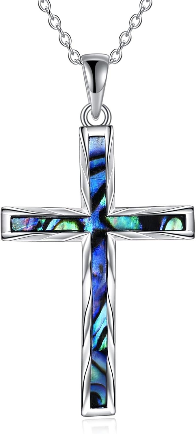 wholesale 925 Sterling Silver Blue Abalone Shell Inlay Cross Pendant Necklace-0-0