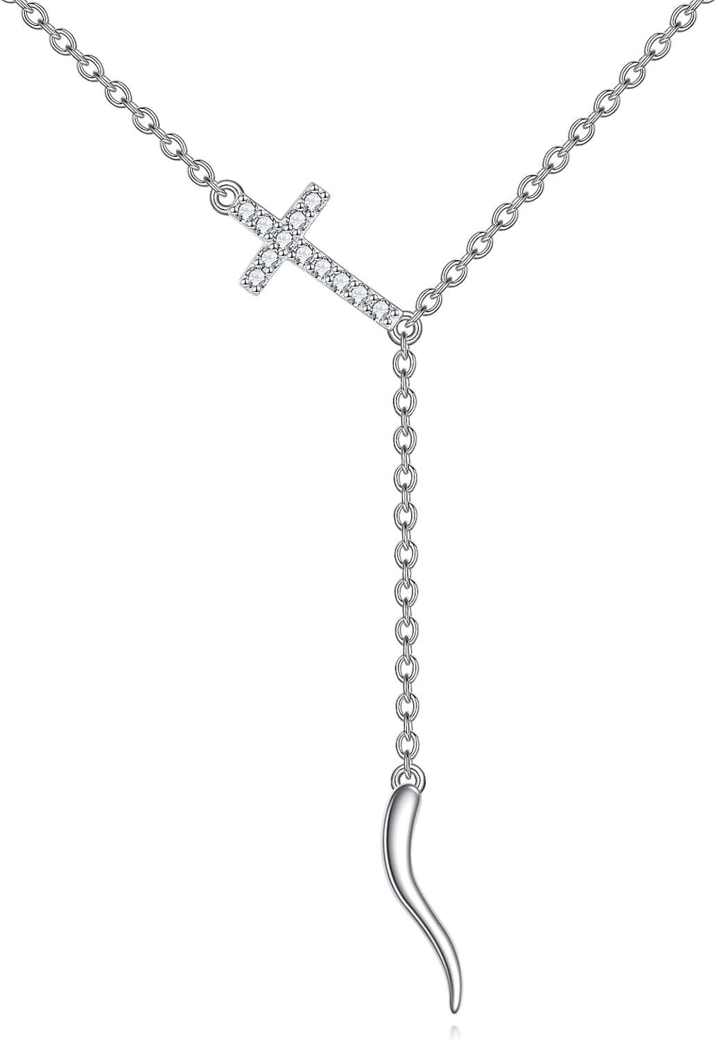 Sterling Silver Turquoise Moonstone Moss Agate Larimar Cross Necklace for Women-C-Italian Horn