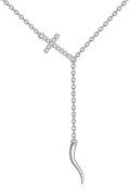 wholesale 925 Sterling Silver Lariat Y-Necklace with Cubic Zirconia-Cut Sideways Cross and Horn Pendant for Women-0-0