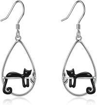wholesale 925 Sterling Silver Cat Heart Hoop Dangle Earrings Cute s for Women-Black Cat Dangle