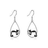 wholesale 925 Sterling Silver Cat Heart Hoop Dangle Earrings Cute s for Women-Black Cat Dangle