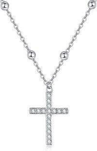 wholesale 925 Sterling Silver 925 CZ Cross Pendant Beaded Chain Necklace for Women and Girls-Cubic Zirconia Cross