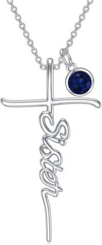 wholesale 925 Sterling Silver Birthstone Cross Sister Initial Pendant Necklace-09-September