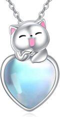 wholesale 925 Sterling Silver Heart-Shaped Cat with Opal Stone Pendant Necklace for Women-0-0
