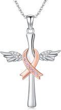 wholesale 925 Sterling Silver Cross with Angel Wings and Pink Ribbon Pendant - Breast Cancer Awareness Jewelry for Survivors-0-0
