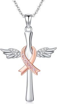 wholesale 925 Sterling Silver Cross with Angel Wings and Pink Ribbon Pendant - Breast Cancer Awareness Jewelry for Survivors-Breast Cancer