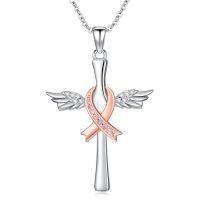 wholesale 925 Sterling Silver Cross with Angel Wings and Pink Ribbon Pendant - Breast Cancer Awareness Jewelry for Survivors-Breast Cancer