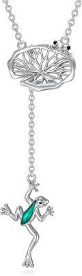 wholesale 925 Sterling Silver Green Enamel Leaf & Frog Adjustable Lariat Necklace-0-0