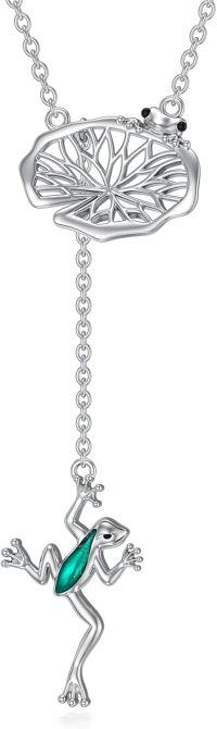 wholesale 925 Sterling Silver Green Enamel Leaf & Frog Adjustable Lariat Necklace-Frog Necklace