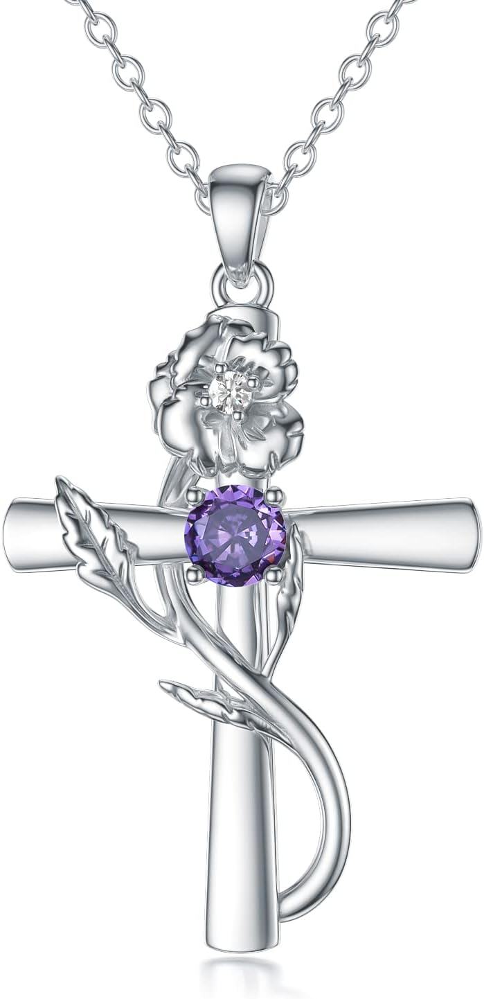 Sterling Silver 12 Birthstone Flower Pendant Necklace for Women-2-February-Violet