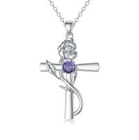 wholesale 925 Sterling Silver Cross Pendant With Red Gemstone And Lily Design-2-February-Violet