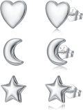 wholesale 925 Sterling Silver Heart Moon Star Stud Earring Sets for Women (3 pairs)-0-0